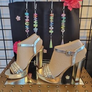 BCBGeneration Metallic Gold High Block Heel Sandals Braided Toe Prom Bridal New!